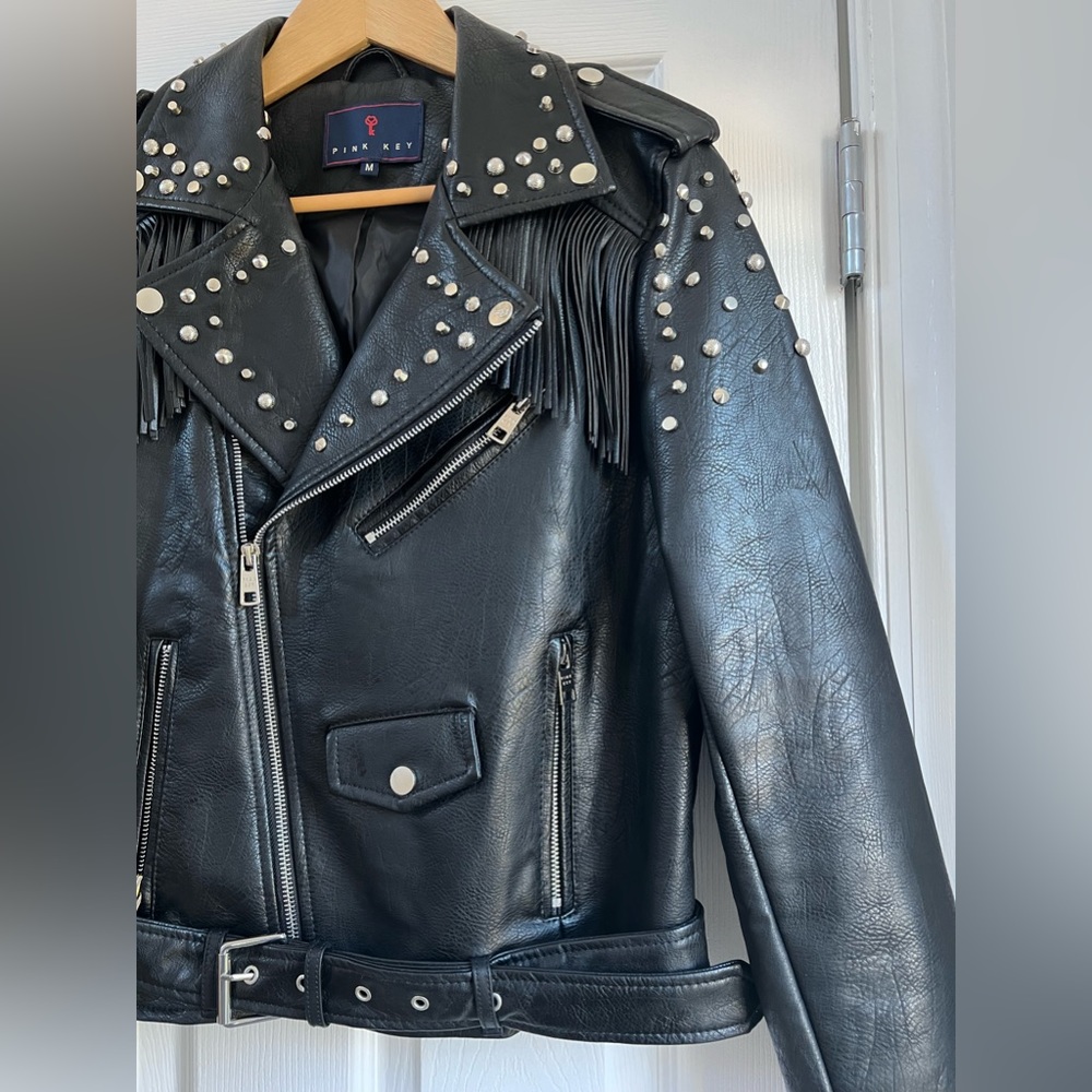 PINK ROSE Black Studded Fringe Leather Moto Jacket - Picture 2 of 10